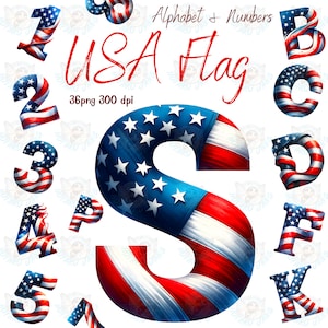 Alfabeto e numeri della bandiera degli Stati Uniti, clipart patriottici, lettere della bandiera americana in formato PNG, download digitale per lavoretti del 4 luglio