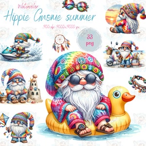 Gnomo hippie acquerello estivo, Clipart di gnomo hippie, Grafica PNG di gnomo della pace, Sublimazione di gnomo, Acquerello di gnomo hippie in formato PNG
