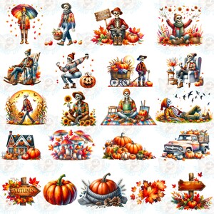 May include: A series of watercolour illustrations depicting skeletons in autumnal scenes. Skeletons are shown with pumpkins, sunflowers, and autumn leaves. Some images include the text "Hello Autumn" and "Autumn".