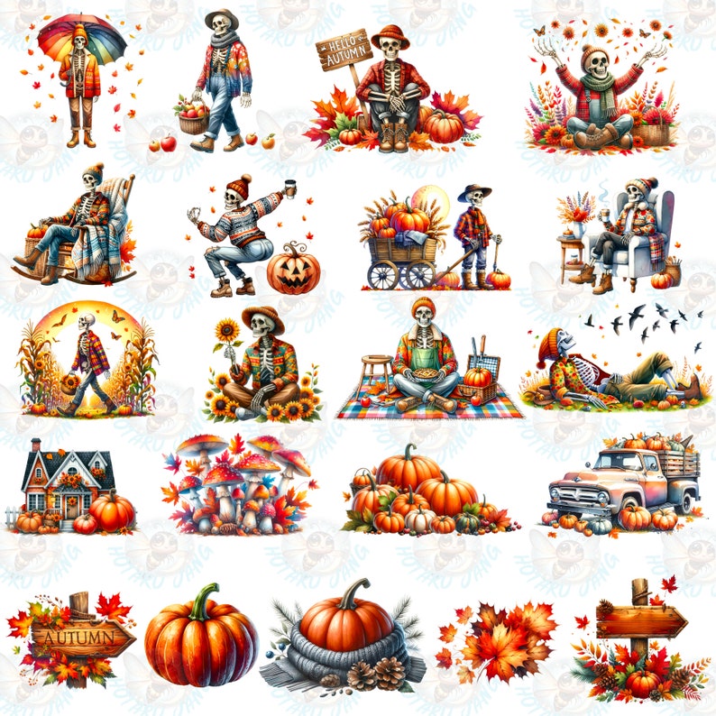 May include: A series of watercolour illustrations depicting skeletons in autumnal scenes. Skeletons are shown with pumpkins, sunflowers, and autumn leaves. Some images include the text "Hello Autumn" and "Autumn".