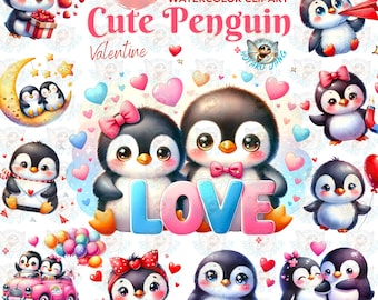 Valentijn pinguïn aquarel clipart, png-afbeeldingen (300 dpi)