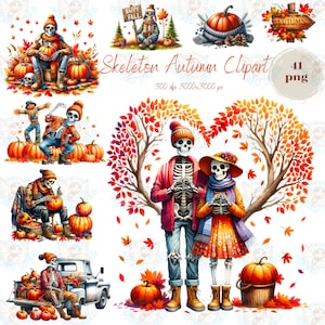 May include: A set of watercolour illustrations depicting skeletons in autumnal scenes. The images include skeletons with pumpkins, autumn leaves, and the text "Skeleton Autumn Clipart". The colour scheme features orange, red, and brown.