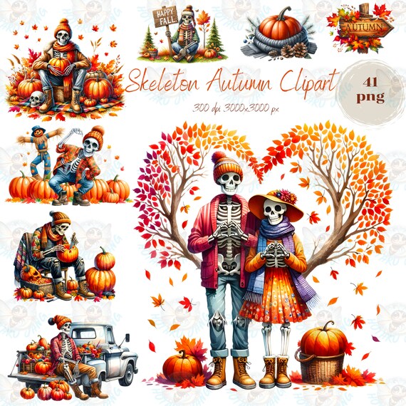 Fall Skeleton Clipart, Autumn PNG Bundle (Commercial Use)