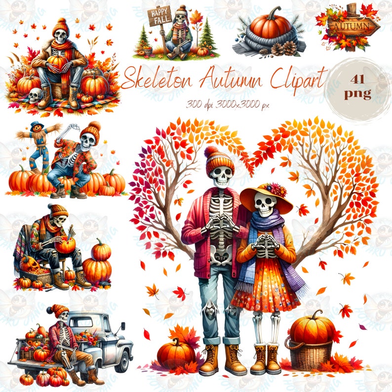 May include: A set of watercolour illustrations depicting skeletons in autumnal scenes. The images include skeletons with pumpkins, autumn leaves, and the text "Skeleton Autumn Clipart". The colour scheme features orange, red, and brown.