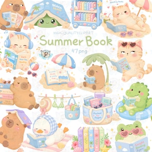 Könnte beinhalten: Eine digitale Sammlung von sommerlichen Illustrationen mit Capybaras, Katzen, einer Schildkröte und einer Ente beim Lesen. Enthalten sind Sonnenschirme, eine Tasche mit der Aufschrift Packed for Pages, ein Bücherregal und bunte Bücher.