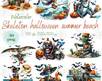 Watercolor Skeleton Halloween Beach Clipart: Spooky Summer PNG (3000x3000 px)