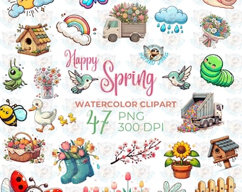 Happy Spring Watercolor Clipart: Floral Garden Animals (PNG)