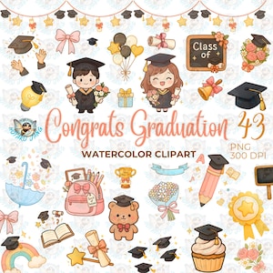 Herzlichen Glückwunsch Abschluss Aquarell Clipart, Abschluss PNG, Abschlusskappe, Diplome, Blumen, Medaillen und mehr
