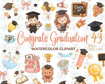 Imágenes prediseñadas de acuarela de "Felicitaciones por la graduación", "Graduación PNG", "Birrete de graduación", "Diplomas", "Flores", "Medallas" y más.