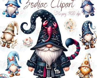 Zodiac Gnome Clipart, Horoscope Gnomes, clipart png Instant Download