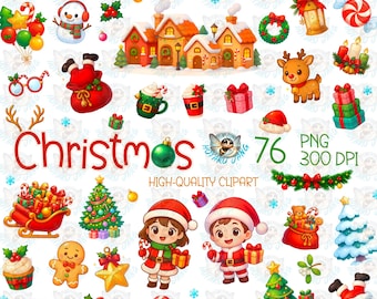Christmas Clipart Bundle: 76 Festive Holiday Illustrations (PNG Digital Download)