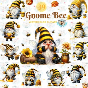 May include: 39 watercolor clipart images of gnomes dressed as bees. The gnomes are wearing yellow and black striped outfits with wings and holding honey pots. The images are set against a white background with flowers and honeycomb.