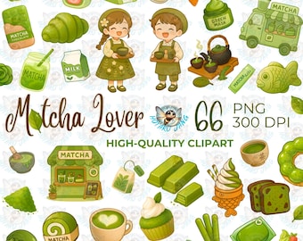 Conjunto de imágenes prediseñadas para amantes del matcha: Té verde kawaii PNG, estilo acuarela (66 archivos)