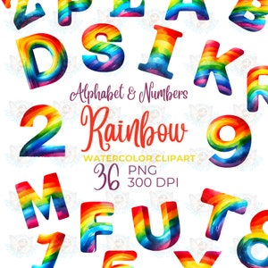 Rainbow Watercolor Alphabet & Numbers Clipart (36 PNG)