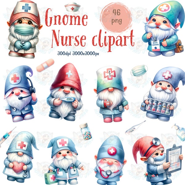Watercolor gnome Nurse Clipart, 46 Png, Medical Clipart, Healthcare Graphics,Nurse Stationary Stickers, Digital art