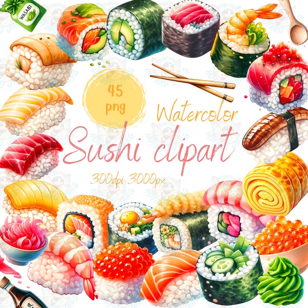 Watercolor sushi clipart, cute sushi clipart, cute emoji sushi clipart, cute food clipart, japanese food clipart, cute japanese food