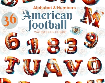 American Football Alphabet & Numbers: Watercolor PNG Bundle