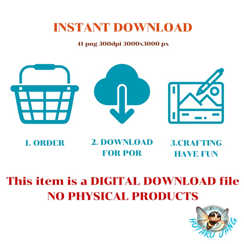 May include: Image promoting a digital download with the text "INSTANT DOWNLOAD". It features icons for ordering, downloading, and crafting. The text "This item is a DIGITAL DOWNLOAD file NO PHYSICAL PRODUCTS" is also present.