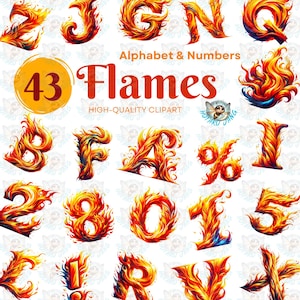 Puede incluir: Un conjunto de 43 letras y números del alfabeto en llamas, incluyendo los caracteres A, B, F, G, I, J, N, O, Q, R, V, 2, 5, 8, 0, 1 y el símbolo del porcentaje. Las letras y los números están representados en un esquema de colores naranja, rojo y amarillo fuego, con un contorno negro.