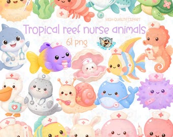 Tropische Riff Krankenschwester Tiere Clipart, Kawaii Ocean Doctor PNGs (digitaler Download)
