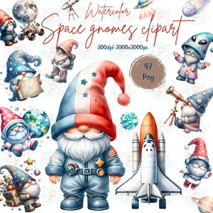 May include: A set of 47 watercolor space gnome clipart images. The gnomes are dressed in astronaut suits, alien costumes, and other space-themed attire. The clipart includes planets, stars, rockets, and other space-related objects.