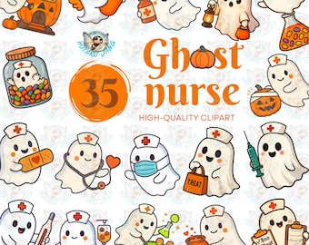 Spooky Ghost Nurse Clipart, Halloween Graphics (35 PNG)