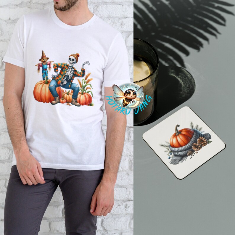 May include: White t-shirt with a skeleton dancing on pumpkins and a scarecrow. A square coaster with a pumpkin design and a candle in a glass are also visible. The image includes the text "HOTARD CHANG".