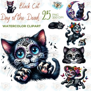 Tag der Toten schwarze Katze Aquarell Clipart, Tag der Toten Clipart, PNG einzelne Bilder auf transparentem Hintergrund, Sublimation