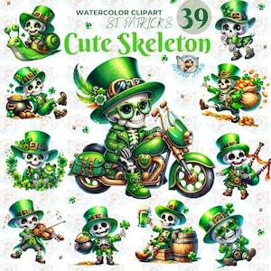 Op de afbeelding: Een set van tien digitale clipart-afbeeldingen met schattige skeletfiguren gekleed in groene en zwarte St. Patrick's Day-kostuums. De skeletten worden afgebeeld in verschillende poses, waaronder motorrijden, muziek maken en een pot met goud vasthouden. De afbeeldingen zijn perfect voor het maken van feestelijke knutselwerken, kaarten en digitale ontwerpen.