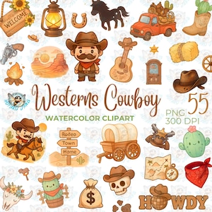 Westerns Cowboy Watercolor Clipart, western clipart, cowboy clipart, Desert cactus, Cute Cowboy, Boots, Featuring Horses, Hats