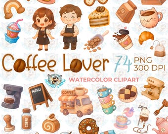 Watercolor Coffee Clipart: 74 Cozy Cafe PNGs (Digital Download