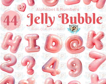 May include: 44 pink jelly bubble letters and numbers, including the alphabet and numbers 0-9, as well as symbols like question mark, percent sign, and at symbol. High-quality clipart.