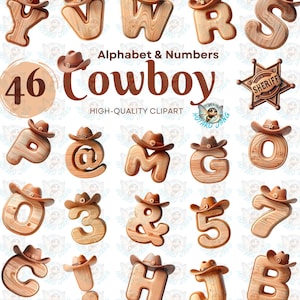 Clipart de alfabeto y números de vaquero, PNG de madera rústica, con sombreros para decoración de fiestas del oeste, baby shower y guardería, bebé de granja, cumpleaños del oeste