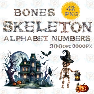 Skeleton Bone Alphabet & Numbers Clipart: Halloween Font (PNG)