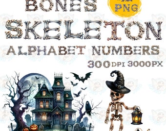 Skeleton Bone Alphabet & Numbers Clipart: Halloween Font (PNG)