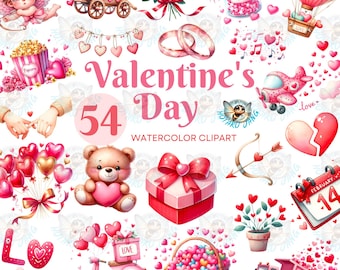 May include: Watercolor clipart collection featuring Valentine's Day themed illustrations. Includes hearts, teddy bears, gift boxes, a scooter, a truck, and the text "Valentine's Day 54". The color palette is primarily pink and red.
