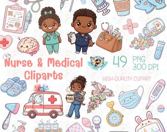 Enfermera Kawaii, 49 gráficos PNG médicos (300 DPI)