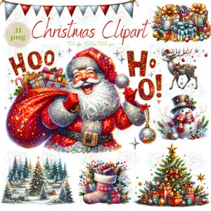Clipart navideño de acuarela, Clipart navideño brillante, Ilustraciones navideñas, Gráficos PNG, Vacaciones de invierno