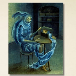 May include: A surreal painting of a woman in a blue robe sitting at a table with a book in front of her. The woman's robe is flowing and appears to be made of water. The painting is set in a dark room with a bookshelf in the background.