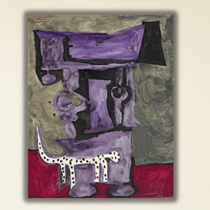 May include: Abstract painting with purple and black shapes on a gray background, featuring a white spotted animal figure. The artwork hangs above a brown sofa and white coffee table, creating a modern interior design.