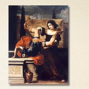 May include: A painting depicting a woman in a dark dress helping a man in a red and gold robe. The man is lying on a stone ledge with his arm around the woman's neck. The painting is set against a background of a city.
