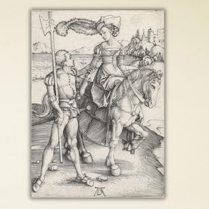 Albrecht Durer Canvas, Lady on Horseback and the Lansquenet by Albrecht Dürer Poster Canvas, Dürer Print Art, Black and White, Ready to Hang