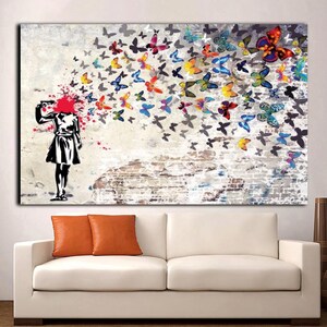 Banksy Headshot Butterfly Girl Suicide Street Artist Canvas, Banksy Butterfly print, Banksy Canvas Wall Art, Graffiti Print, Banksy Street Art