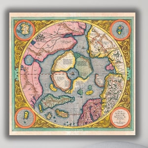 Mercatorkaart print, kaart Mercator 1606 Noordpool noordpool noordpool septentrionalium terrarum canvas, Square Wall Art, Gerard Mercator print, klaar om op te hangen