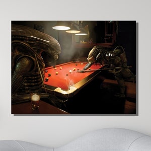 Alien vs Predator Playing Pool Match Poster Home Decor Hand Made Canvas Print Playing Pool Canvas Alien Canvas Art Predator Canvas Print Art