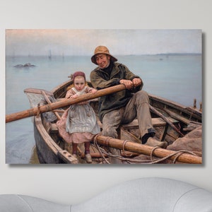 Old Fisherman Helping Young Girl,The Helping Hand by Émile Renouf Canvas,Emile Renouf Helping Hand 1881 Poster Print Art,Vintage Poster Art