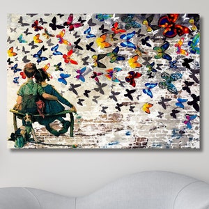 Banksy Butterfly Girl and Boy Print Art, Banksy Graffiti Canvas, Banksy Butterfly Girl Wall Art, Street Graffiti Art Wall Decor, Gotowy do powieszenia