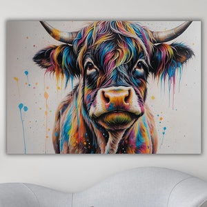 Highland Cow Painting, Cow Print, Highland Farmhouse Decor, Cow Canvas Wall Art Rustic Wall Decor Animals Painting Scottish Cow Wall Art Cow