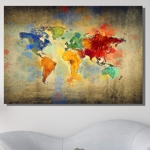 Vintage Weltkarte Druck, schöne Weltkarte, Farbe Vintage Welt Wandkunst, historische Weltkarte, Klassenzimmer Wandkunst, Karte Leinwand, fertig zum Hnagieren