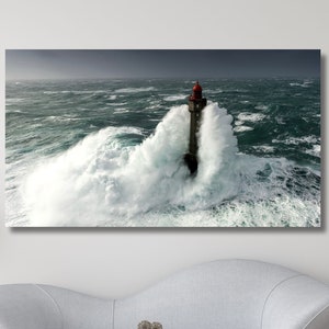 Arte em tela do farol da Bretanha Arte de pôster de farol Decoração de parede náutica Arte de paisagem marinha Farol Litoral Céu nublado Casa de praia Arte de parede